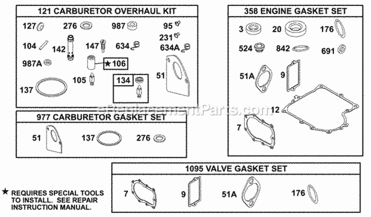 KitsGasket Sets Diagram and Parts List for 288707-0110-01  Briggs and Stratton Engine